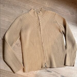 Tan Ribbed Cotton Blend Knit Double Zip-Up Sweater